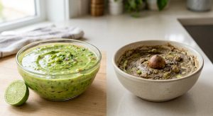 A photorealistic image showcasing two bowls of guacamole on a clean, light surface. On the left, vibrant, perfectly preserved green guacamole in a clear glass bowl, sealed with a visible water layer, with a fresh lime wedge beside it. On the right, dull grayish-brown oxidized guacamole in a ceramic bowl with an avocado pit in its center, looking unappetizing. Soft natural light emphasizes the dramatic contrast between the two.