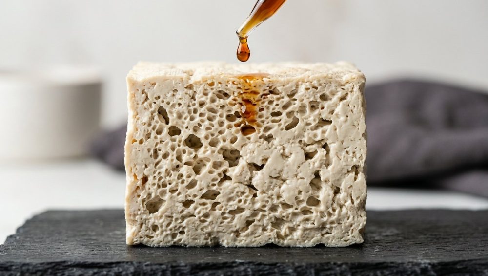 Close-up studio shot of a thawed tofu cross-section, revealing its intricate, highly porous, sponge-like honeycomb structure. A glistening amber marinade drop hovers just above, showing its readiness to absorb flavor.