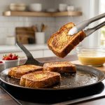 An ultra-photorealistic image of a meticulously composed French toast griddle station in a bright, contemporary kitchen. Several slices of golden-brown French toast cook on a gleaming griddle, one slice lifted by elegant tongs reveals a creamy interior. Adjacent are a glass bowl of rich custard, brioche bread, fresh berries, maple syrup, and powdered sugar, all bathed in soft morning light.
