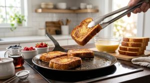 An ultra-photorealistic image of a meticulously composed French toast griddle station in a bright, contemporary kitchen. Several slices of golden-brown French toast cook on a gleaming griddle, one slice lifted by elegant tongs reveals a creamy interior. Adjacent are a glass bowl of rich custard, brioche bread, fresh berries, maple syrup, and powdered sugar, all bathed in soft morning light.