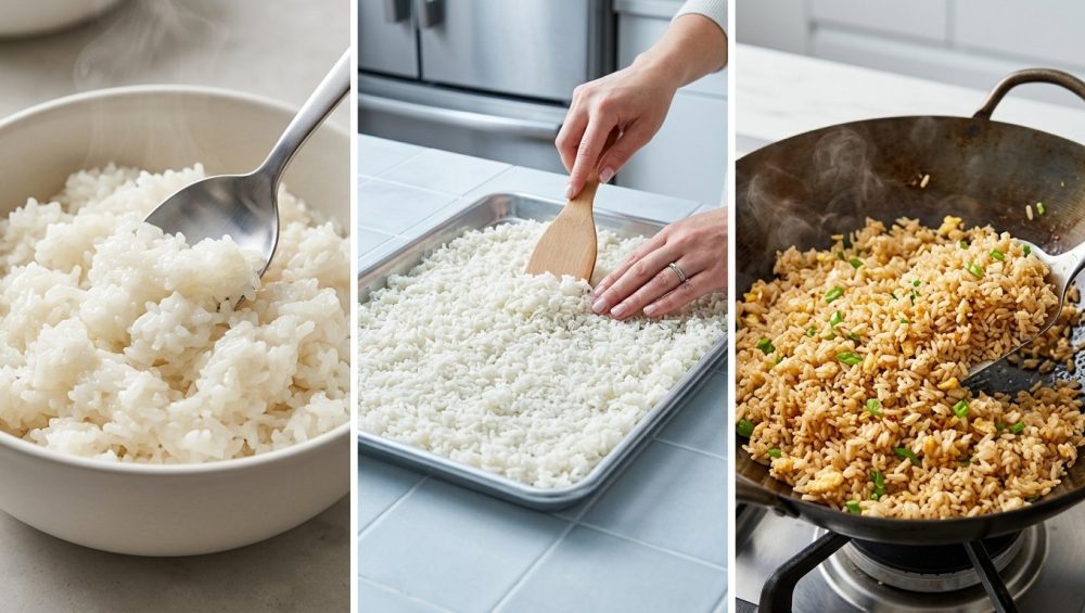 A visually striking, photorealistic triptych illustrating the scientific transformation of rice for perfect stir-fries, with a clean, bright, high-key aesthetic. The left panel shows gummy, clumped white rice in a bowl with a spoon struggling to separate it. The middle panel depicts distinct, firm rice grains spread evenly on a sheet pan, suggesting a cooling and drying process. The right panel features vibrant, perfectly fluffy, golden-brown fried rice in a skillet, with individual grains and a light sheen of oil.
