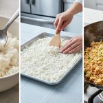 A visually striking, photorealistic triptych illustrating the scientific transformation of rice for perfect stir-fries, with a clean, bright, high-key aesthetic. The left panel shows gummy, clumped white rice in a bowl with a spoon struggling to separate it. The middle panel depicts distinct, firm rice grains spread evenly on a sheet pan, suggesting a cooling and drying process. The right panel features vibrant, perfectly fluffy, golden-brown fried rice in a skillet, with individual grains and a light sheen of oil.