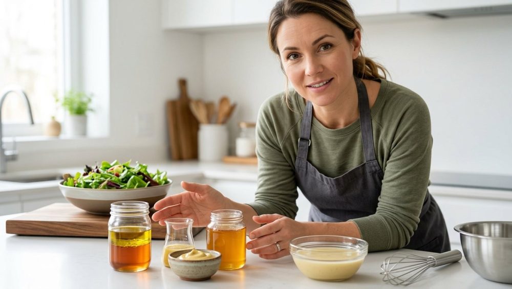 A warm, smiling female chef gestures towards a clean kitchen counter display. Clear glass jars show distinct layers of oil and vinegar, alongside bowls of mustard and honey, leading to a perfectly emulsified vinaigrette. The bright, modern kitchen scene visually explains the science of emulsification.