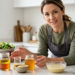 A warm, smiling female chef gestures towards a clean kitchen counter display. Clear glass jars show distinct layers of oil and vinegar, alongside bowls of mustard and honey, leading to a perfectly emulsified vinaigrette. The bright, modern kitchen scene visually explains the science of emulsification.