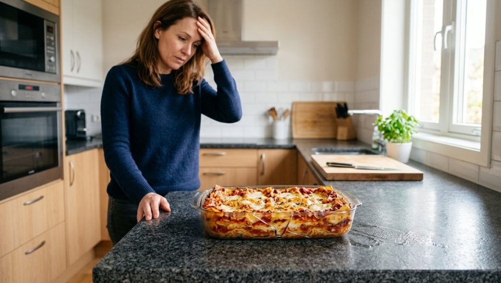 A photorealistic, eye-level shot inside a warm, modern kitchen. A clear glass casserole dish, visibly cracked and holding golden-brown lasagna, sits on a dark grey granite countertop. In the background, a home cook in casual attire looks down at the dish with a mild expression of dismay, one hand touching their forehead, conveying a relatable kitchen mishap.
