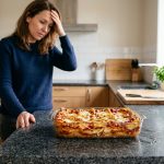 A photorealistic, eye-level shot inside a warm, modern kitchen. A clear glass casserole dish, visibly cracked and holding golden-brown lasagna, sits on a dark grey granite countertop. In the background, a home cook in casual attire looks down at the dish with a mild expression of dismay, one hand touching their forehead, conveying a relatable kitchen mishap.