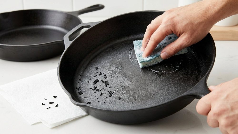 A photorealistic image depicting cast iron skillet care: a close-up of a skillet with flaking seasoning and flakes on a white counter, a hand scrubbing another skillet with soap, and a perfectly seasoned skillet in the background of a clean kitchen.