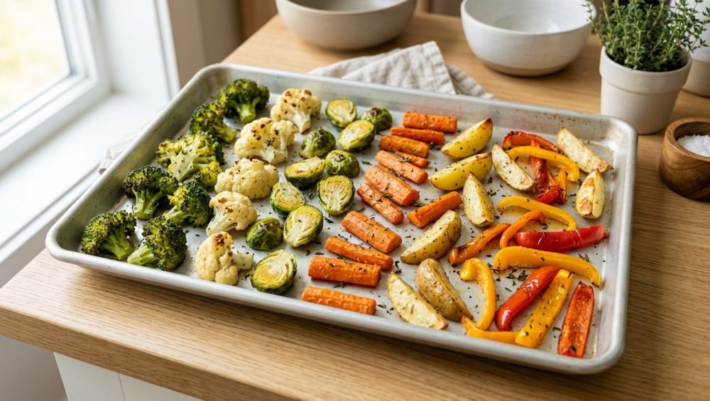 A photorealistic image of perfectly oven-roasted broccoli, cauliflower, Brussels sprouts, carrots, potato wedges, and bell pepper strips. The vibrant vegetables, with golden-brown caramelized edges and crisp textures, are spread in an uncrowded single layer on a light metal baking sheet, brightly lit by natural daylight on a modern kitchen counter.