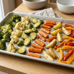 A photorealistic image of perfectly oven-roasted broccoli, cauliflower, Brussels sprouts, carrots, potato wedges, and bell pepper strips. The vibrant vegetables, with golden-brown caramelized edges and crisp textures, are spread in an uncrowded single layer on a light metal baking sheet, brightly lit by natural daylight on a modern kitchen counter.