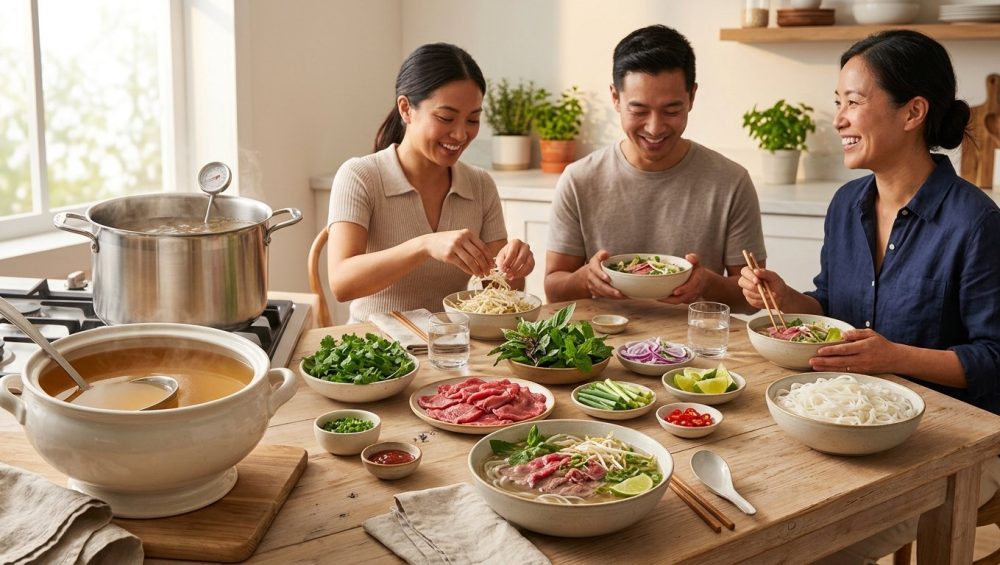 A photorealistic image of a warm, inviting pho dinner party. A crystal-clear, golden broth steams gently, surrounded by elegantly arranged fresh ingredients like sliced beef, herbs, and noodles. Several smiling people are gathered, building their own custom pho bowls.