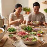 A photorealistic image of a warm, inviting pho dinner party. A crystal-clear, golden broth steams gently, surrounded by elegantly arranged fresh ingredients like sliced beef, herbs, and noodles. Several smiling people are gathered, building their own custom pho bowls.