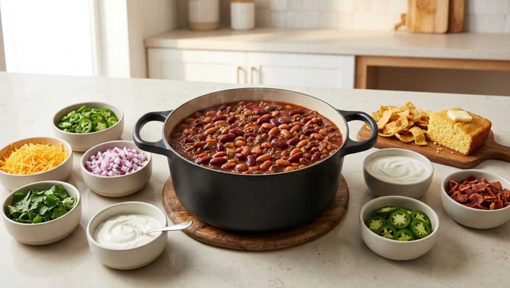 A photorealistic overhead view of an impeccably clean chili bar setup. A deep jewel-toned Dutch oven sits center, gently simmering with rich, dark red chili showing plump kidney and pinto beans and subtle wisps of steam. It's surrounded by small, neat bowls of vibrant toppings: shredded cheddar, diced red onion, fresh cilantro, creamy sour cream, sliced jalapeños, and crisp corn chips, all on a light countertop in a bright, modern kitchen.