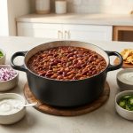 A photorealistic overhead view of an impeccably clean chili bar setup. A deep jewel-toned Dutch oven sits center, gently simmering with rich, dark red chili showing plump kidney and pinto beans and subtle wisps of steam. It's surrounded by small, neat bowls of vibrant toppings: shredded cheddar, diced red onion, fresh cilantro, creamy sour cream, sliced jalapeños, and crisp corn chips, all on a light countertop in a bright, modern kitchen.