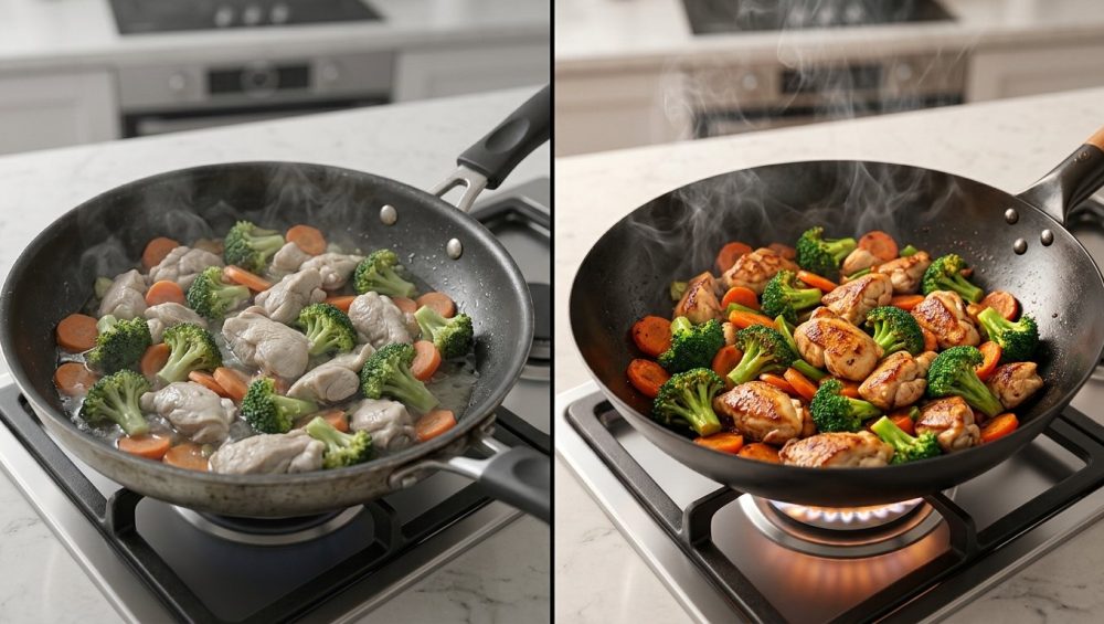 A photorealistic split-panel image showcasing contrasting stir-fry results. On the left, a nonstick skillet contains pale, waterlogged chicken and vegetables. On the right, a carbon steel wok holds vibrant, deeply seared, and caramelized chicken and vegetables, actively sizzling with steam.