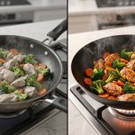 A photorealistic split-panel image showcasing contrasting stir-fry results. On the left, a nonstick skillet contains pale, waterlogged chicken and vegetables. On the right, a carbon steel wok holds vibrant, deeply seared, and caramelized chicken and vegetables, actively sizzling with steam.
