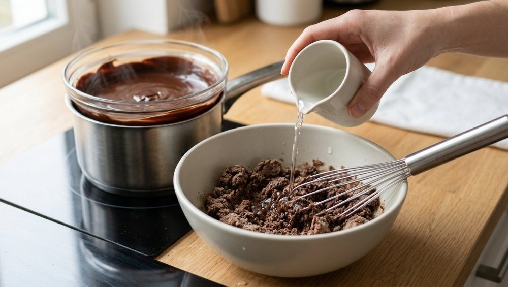 A photorealistic close-up shows a hand pouring hot liquid into a bowl of dull, grainy, seized chocolate paste, which a whisk is starting to stir. In the background, a smaller bowl holds perfectly smooth, glossy dark chocolate over a double-boiler with rising steam. The clean, brightly lit scene contrasts the textures of the two chocolates, illustrating a culinary solution.