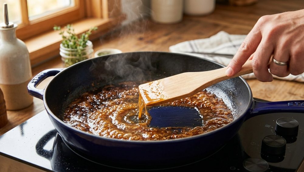 A close-up of a hand using a light wooden spatula to scrape rich, dark brown fond from a pristine dark blue enameled pan. Glistening amber liquid deglazes the pan, dissolving the fond into a luxurious sauce. The scene is warm, bright, and highly appetizing.