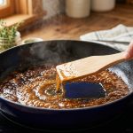 A close-up of a hand using a light wooden spatula to scrape rich, dark brown fond from a pristine dark blue enameled pan. Glistening amber liquid deglazes the pan, dissolving the fond into a luxurious sauce. The scene is warm, bright, and highly appetizing.
