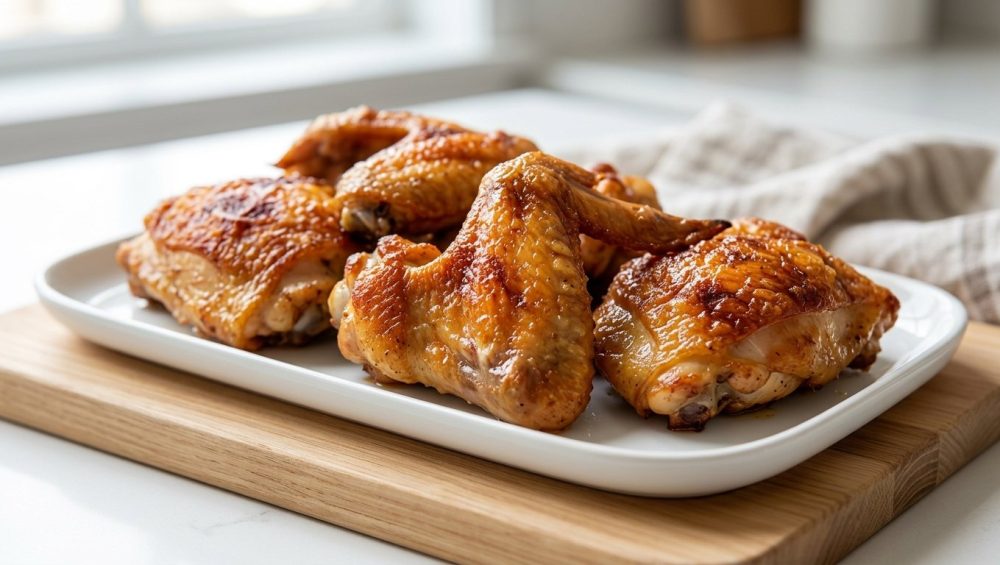 A close-up of perfectly roasted chicken wings and thighs with ultra-crispy, golden-brown, glistening skin, artfully arranged on a clean white platter against a softly blurred kitchen background.