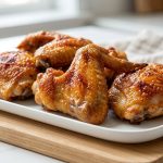A close-up of perfectly roasted chicken wings and thighs with ultra-crispy, golden-brown, glistening skin, artfully arranged on a clean white platter against a softly blurred kitchen background.