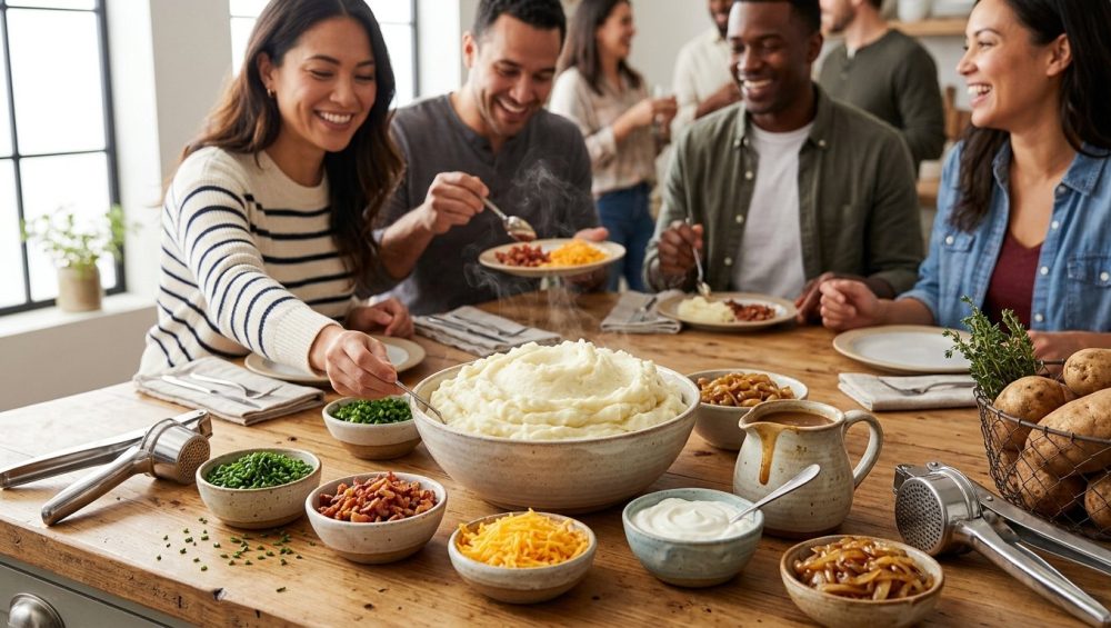 A photorealistic, eye-level shot of a beautifully presented communal mashed potato topping station. A large ceramic bowl of steaming, fluffy mashed potatoes is surrounded by vibrant dishes of chives, bacon bits, cheddar cheese, sour cream, gravy, and caramelized onions. In the softly blurred background, happy people interact, all bathed in warm natural light, creating a comforting and inviting scene.