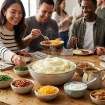 A photorealistic, eye-level shot of a beautifully presented communal mashed potato topping station. A large ceramic bowl of steaming, fluffy mashed potatoes is surrounded by vibrant dishes of chives, bacon bits, cheddar cheese, sour cream, gravy, and caramelized onions. In the softly blurred background, happy people interact, all bathed in warm natural light, creating a comforting and inviting scene.
