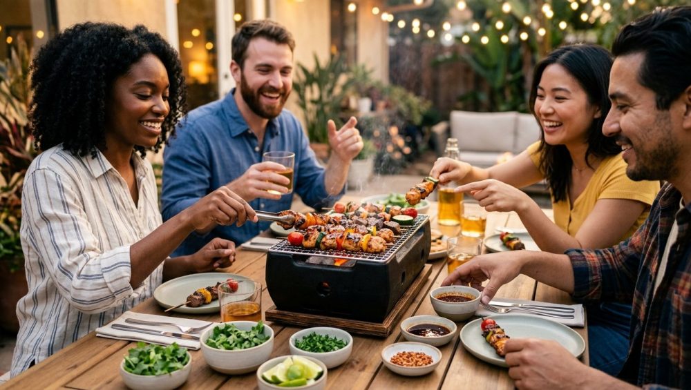 A vibrant image captures friends joyfully grilling glistening chicken, beef, and vegetable kebabs on a tabletop grill. Hands reach for skewers and food, surrounded by bowls of fresh marinade ingredients and bathed in warm, natural light, conveying a delicious and communal dining experience.