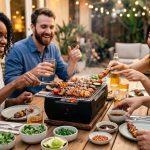 A vibrant image captures friends joyfully grilling glistening chicken, beef, and vegetable kebabs on a tabletop grill. Hands reach for skewers and food, surrounded by bowls of fresh marinade ingredients and bathed in warm, natural light, conveying a delicious and communal dining experience.