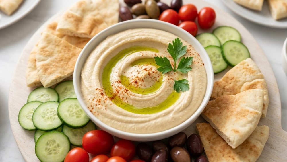 A pristine, overhead photorealistic shot of a smooth hummus bowl with olive oil, paprika, and parsley, surrounded by a vibrant Mediterranean grazing spread of pita, cucumber, tomatoes, and Kalamata olives on a light surface.