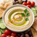A pristine, overhead photorealistic shot of a smooth hummus bowl with olive oil, paprika, and parsley, surrounded by a vibrant Mediterranean grazing spread of pita, cucumber, tomatoes, and Kalamata olives on a light surface.
