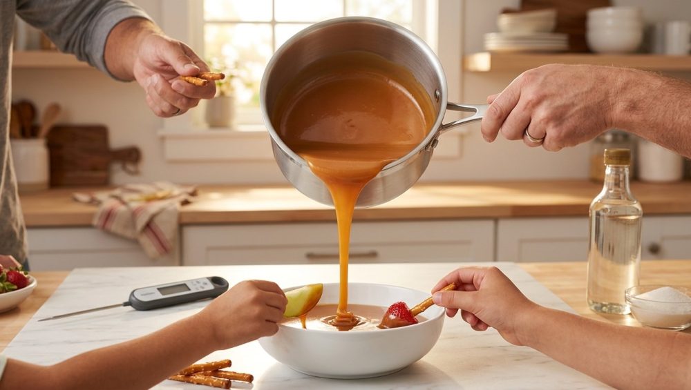 A photorealistic image of glossy, golden caramel pouring into a white bowl in a warm kitchen, with diverse hands dipping apple slices, strawberries, and pretzels, creating a serene scene of shared dessert enjoyment.