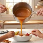 A photorealistic image of glossy, golden caramel pouring into a white bowl in a warm kitchen, with diverse hands dipping apple slices, strawberries, and pretzels, creating a serene scene of shared dessert enjoyment.
