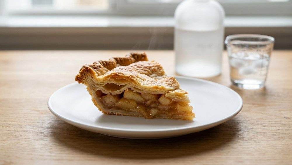 A close-up of a perfectly sliced, golden-brown fruit pie with an exquisitely flaky crust, resting on a white plate. Delicate layers of the crust are in sharp focus, with a hint of steam rising and juicy fruit filling visible beneath. In the softly blurred background, a frosted vodka bottle and ice in a measuring cup are subtly visible on a light countertop.