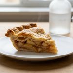A close-up of a perfectly sliced, golden-brown fruit pie with an exquisitely flaky crust, resting on a white plate. Delicate layers of the crust are in sharp focus, with a hint of steam rising and juicy fruit filling visible beneath. In the softly blurred background, a frosted vodka bottle and ice in a measuring cup are subtly visible on a light countertop.