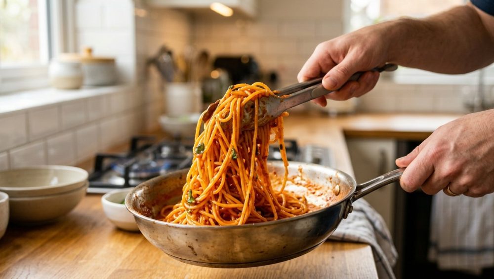 A dynamic close-up of perfectly emulsified pasta with rich, glossy sauce being expertly tossed upwards in a stainless steel pan by hands holding tongs. The sauce uniformly clings to every strand, with a softly blurred modern kitchen background bathed in warm light.