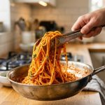 A dynamic close-up of perfectly emulsified pasta with rich, glossy sauce being expertly tossed upwards in a stainless steel pan by hands holding tongs. The sauce uniformly clings to every strand, with a softly blurred modern kitchen background bathed in warm light.