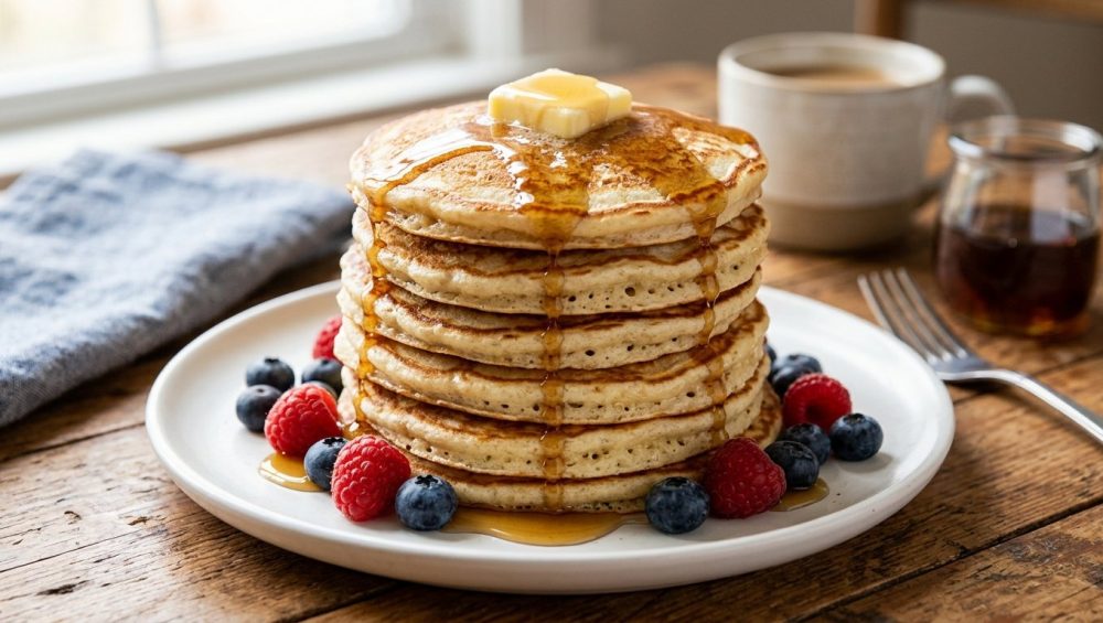 A close-up, photorealistic shot of a towering stack of golden-brown, fluffy pancakes topped with melting butter and glistening maple syrup cascading down the sides. Fresh blueberries and red raspberries are scattered around the white ceramic plate, which rests on a rustic wooden table. The scene is illuminated by soft morning light, with a sharp focus on the food and a subtly blurred background.