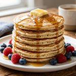 A close-up, photorealistic shot of a towering stack of golden-brown, fluffy pancakes topped with melting butter and glistening maple syrup cascading down the sides. Fresh blueberries and red raspberries are scattered around the white ceramic plate, which rests on a rustic wooden table. The scene is illuminated by soft morning light, with a sharp focus on the food and a subtly blurred background.