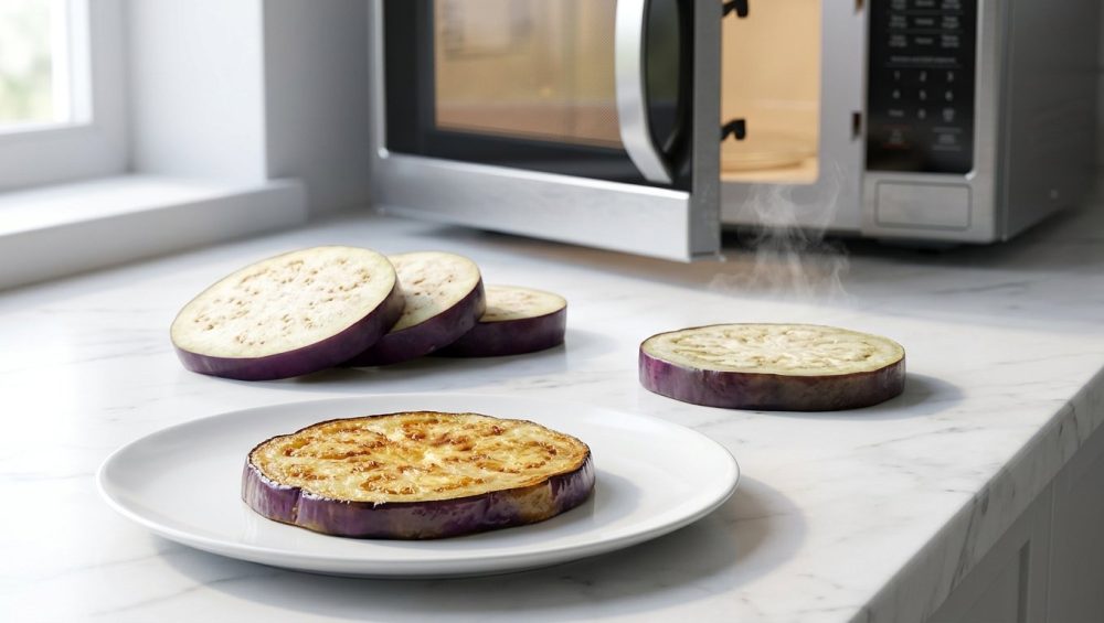 A photorealistic still life showing the culinary transformation of purple eggplant: raw slices, a steaming pre-treated slice, and a perfectly pan-fried, non-oily slice on a white plate, with a microwave in the background.