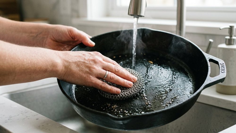 A close-up shows adult hands confidently and gently scrubbing the dark, glossy interior of a well-seasoned cast iron skillet with an intricate stainless steel chainmail scrubber. A gentle stream of warm water flows over the pan, creating subtle glints and a wisp of steam. The background is a blurred, modern kitchen.