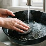 A close-up shows adult hands confidently and gently scrubbing the dark, glossy interior of a well-seasoned cast iron skillet with an intricate stainless steel chainmail scrubber. A gentle stream of warm water flows over the pan, creating subtle glints and a wisp of steam. The background is a blurred, modern kitchen.