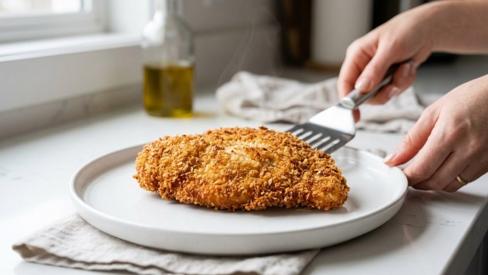 A perfectly pan-fried, golden-brown schnitzel or fish fillet rests on a white plate. Its uniformly crispy breading is completely intact, showing no signs of peeling. A wisp of steam rises from the hot food, with a home cook's hands holding tongs visible in the soft-focus background of a clean kitchen.