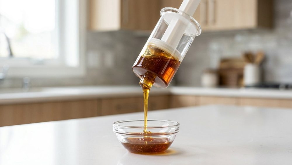 A photorealistic close-up shows a clear, modern push-up plunger measuring cup with a white internal plunger. It cleanly dispenses a thick, dark golden stream of honey, flowing perfectly without drips, against a softly blurred, clean kitchen counter.