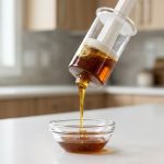 A photorealistic close-up shows a clear, modern push-up plunger measuring cup with a white internal plunger. It cleanly dispenses a thick, dark golden stream of honey, flowing perfectly without drips, against a softly blurred, clean kitchen counter.
