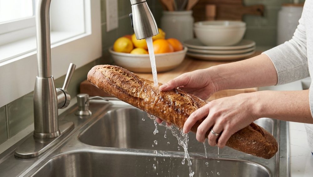 Close-up of hands rinsing a stale, rock-hard artisan baguette under running water from a modern kitchen faucet, its crust beginning to glisten as it rehydrates.