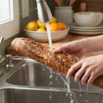 Close-up of hands rinsing a stale, rock-hard artisan baguette under running water from a modern kitchen faucet, its crust beginning to glisten as it rehydrates.