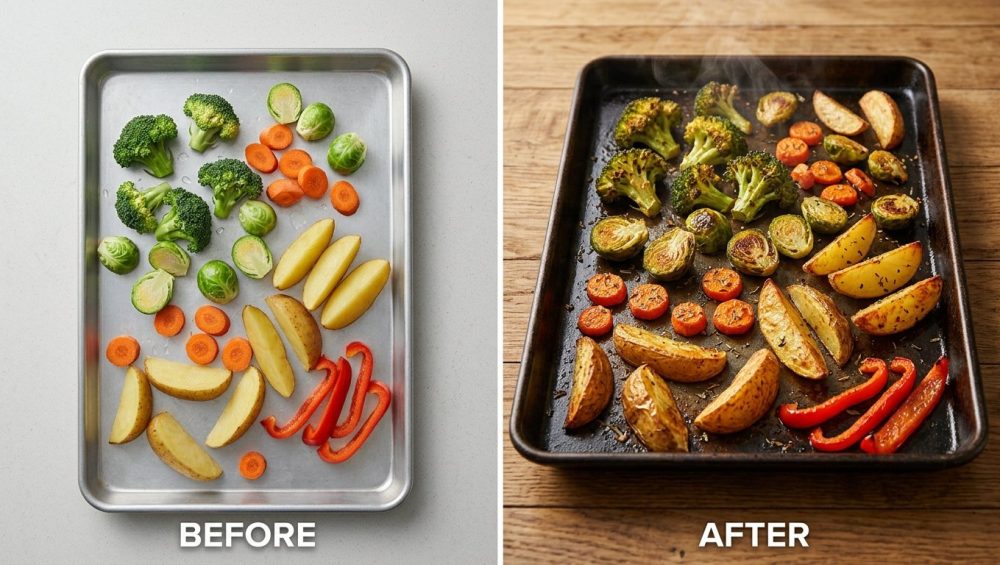 A hyper-realistic, slightly angled shot looking down at a dark metal baking sheet filled with perfectly roasted vegetables. Golden-brown broccoli florets, deeply caramelized Brussels sprouts, slightly charred carrot coins, crispy potato wedges, and tender red bell pepper strips glisten with oil and seasoning, showing rich Maillard reaction and subtle steam rising, fresh out of the oven.