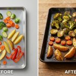 A hyper-realistic, slightly angled shot looking down at a dark metal baking sheet filled with perfectly roasted vegetables. Golden-brown broccoli florets, deeply caramelized Brussels sprouts, slightly charred carrot coins, crispy potato wedges, and tender red bell pepper strips glisten with oil and seasoning, showing rich Maillard reaction and subtle steam rising, fresh out of the oven.