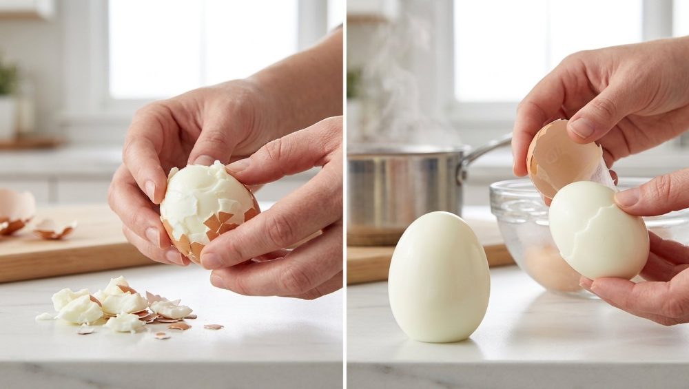 A photorealistic split image contrasting hard-boiled egg peeling. On the left, hands struggle to peel a mangled egg with torn whites and clinging shell. On the right, hands effortlessly peel a smooth, perfect egg with clean shell separation, set in a bright kitchen.
