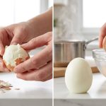 A photorealistic split image contrasting hard-boiled egg peeling. On the left, hands struggle to peel a mangled egg with torn whites and clinging shell. On the right, hands effortlessly peel a smooth, perfect egg with clean shell separation, set in a bright kitchen.